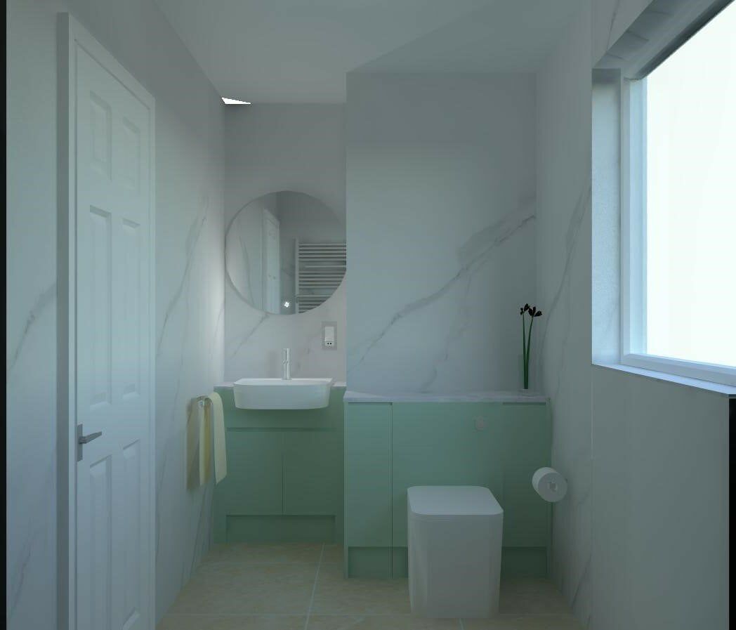 3D Mock up of a bathroom space featuring a clean aesthetic