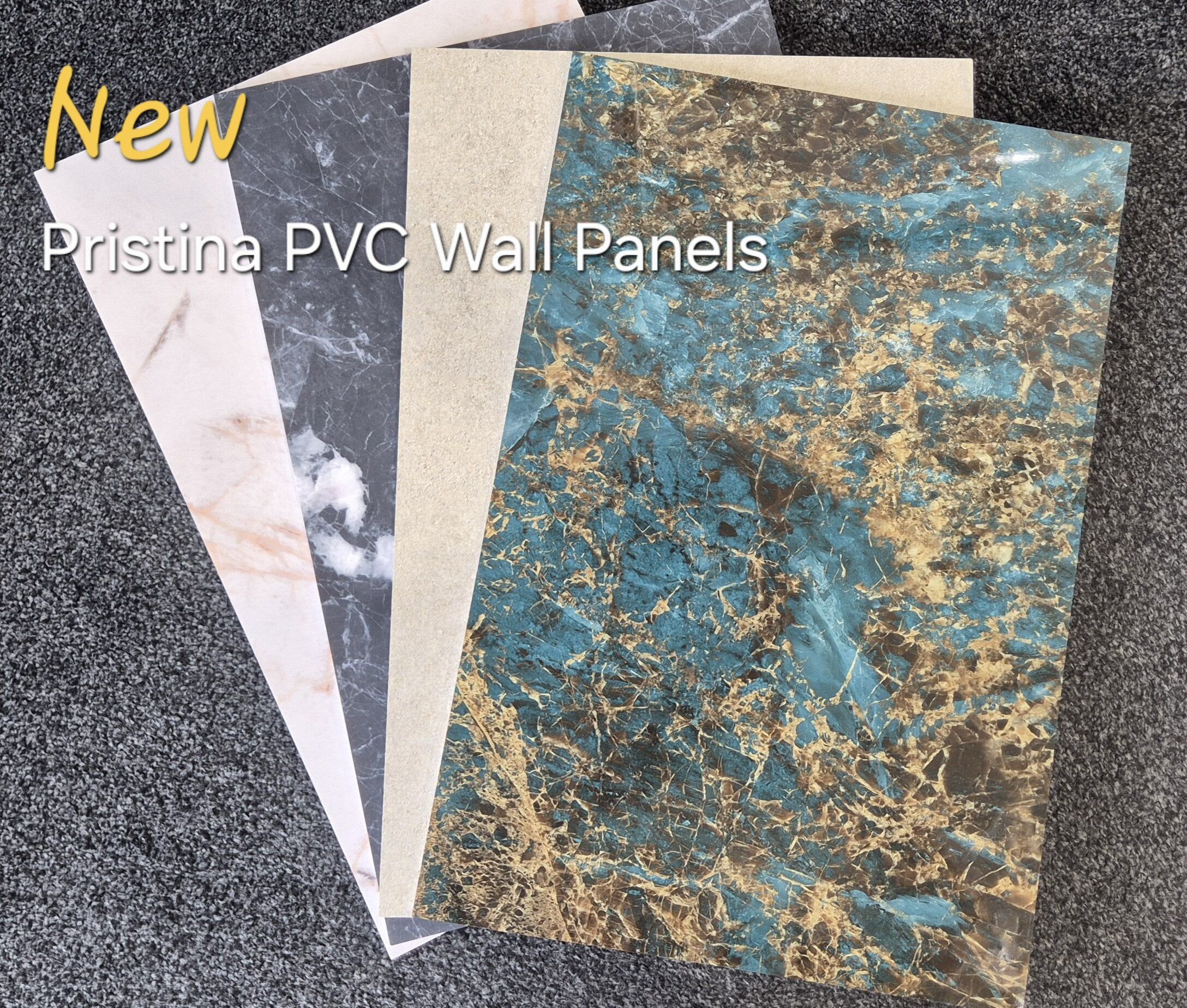 Pristina PVC bathroom wall panel samples displayed at Easy Bathrooms Tunbridge Wells, featuring marble, stone and decorative finishes.