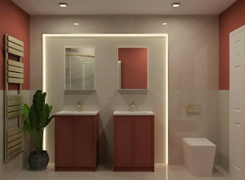 1. Front view of a Cambridge 3D bathroom design featuring the Rose Pink Kendal vanity unit, mirror and WC.