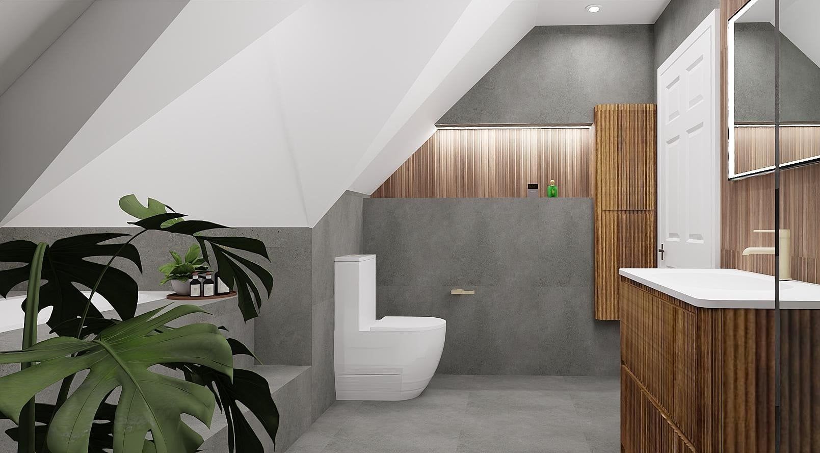 3D view of the complete bathroom layout with a wood-effect vanity unit, toilet, fitted storage and grey tiled walls.