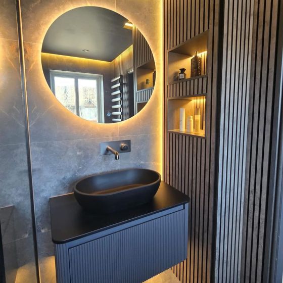 Ribbed Wall Hung Vanity Unit in Blue with Black Worktop
