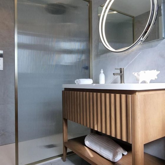 Amien Brushed Gold Framed Fluted Glass Shower Screen - 980mm
