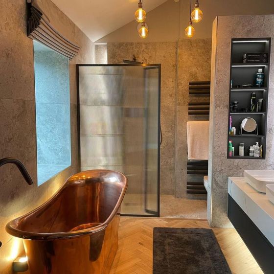 Gunmetal Frames Fluted Glass Shower Screen - 880mm