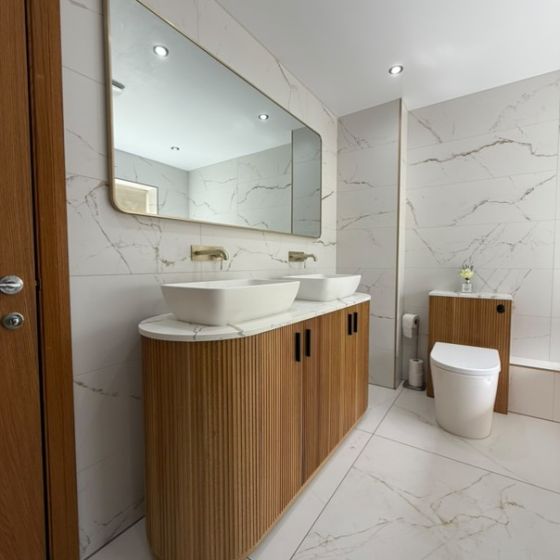 Revel Ribbed Natural Oak Floor Standing Vanity Unit & Marble Worktop