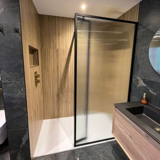 Amien Matt Black Framed Fluted Glass Shower Screen - 980mm