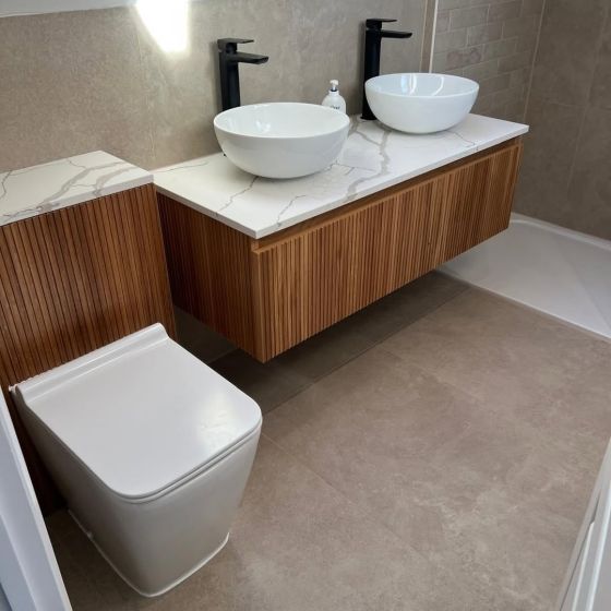 Revel Ribbed Natural Oak Wall Hung Vanity Unit & Marble Worktop with 2 Tap Holes