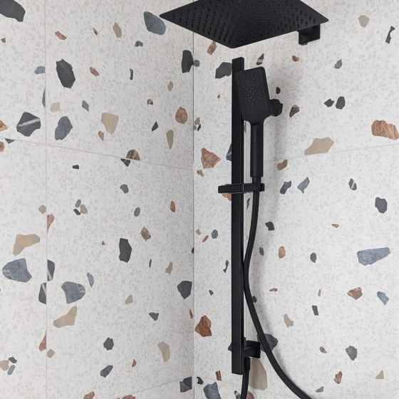 Square Double Outlet Valve with Slide Rail Kit, Shower Head and Arm - Black