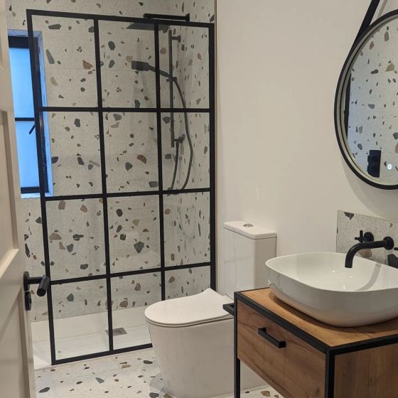 Matt Black Grid Framed Shower Screen - 880mm