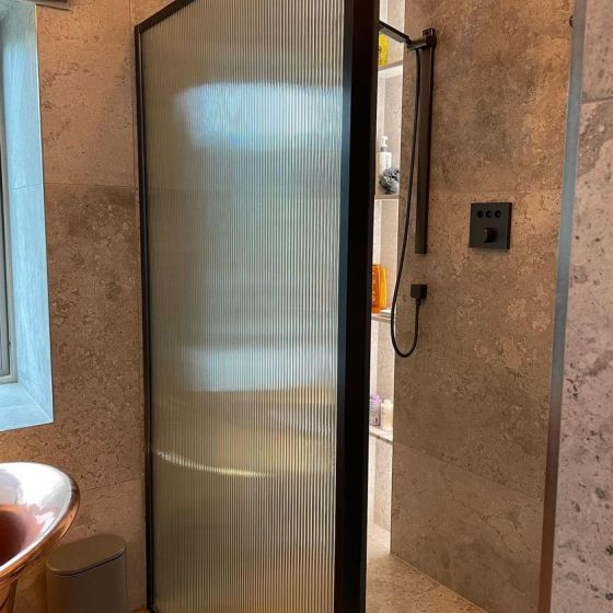 Gunmetal Frames Fluted Glass Shower Screen - 880mm