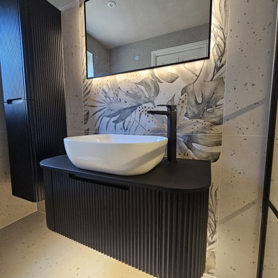 Ribbed Wall Hung Matt Black Vanity Unit & Black Worktop