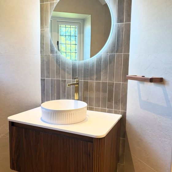 Wish Ribbed Wall Hung Vanity Unit in Walnut with White Worktop