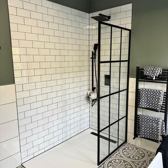 Matt Black Grid Framed Shower Screen - 680mm