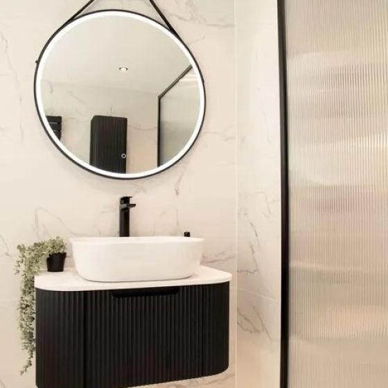 Soar Ribbed Black Wall Hung Vanity Unit and White Worktop 750mm