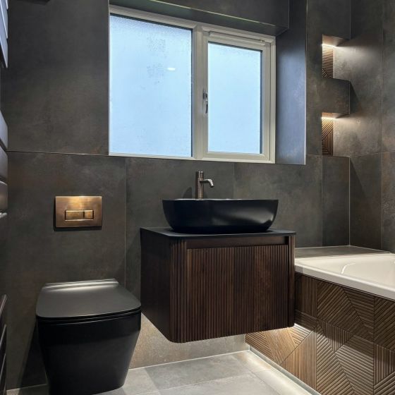 Wish Ribbed Wall Hung Vanity Unit in Walnut with Black Worktop