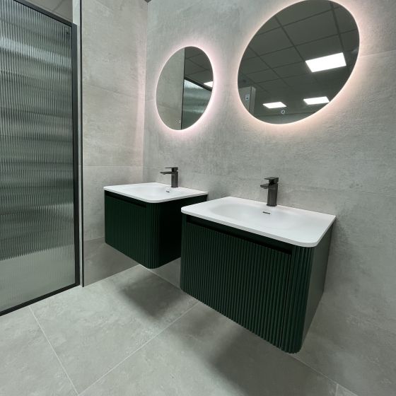 Ribbed Wall Hung Vanity Unit in Green with White Basin