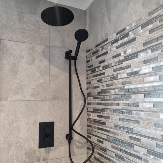 Zena Black Round Double Outlet Valve with Slide Rail Kit, Shower Head and Arm