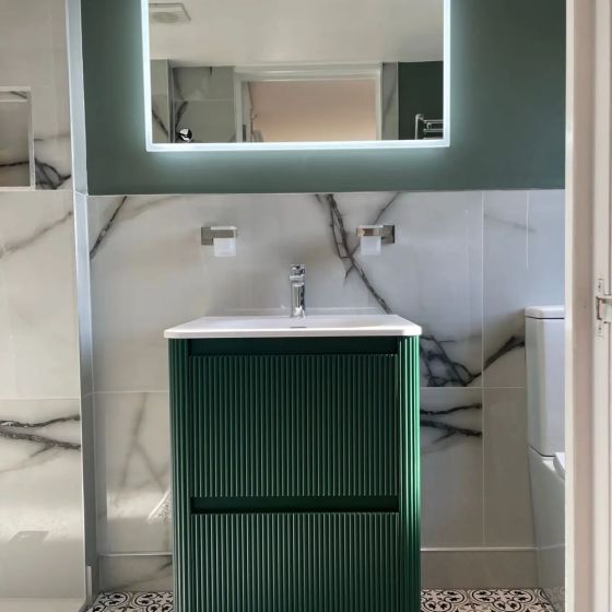 Ribbed Floorstanding Vanity Unit with Drawers in Green with White Basin