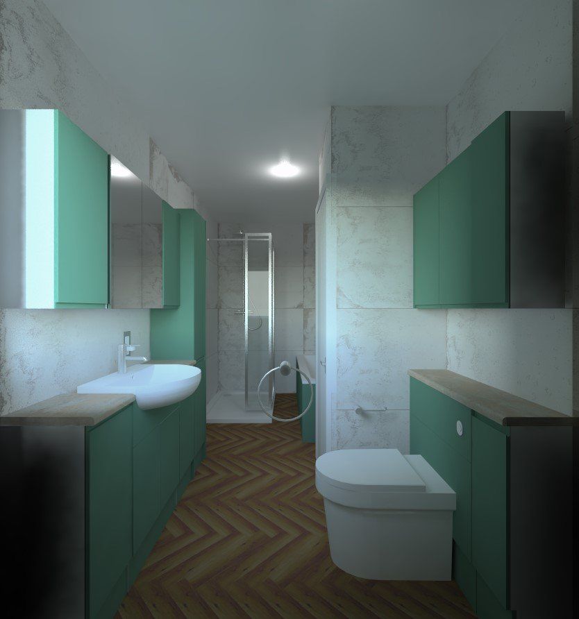 3D bathroom design showing coordinated green furniture, a toilet, bath and wood-effect herringbone flooring