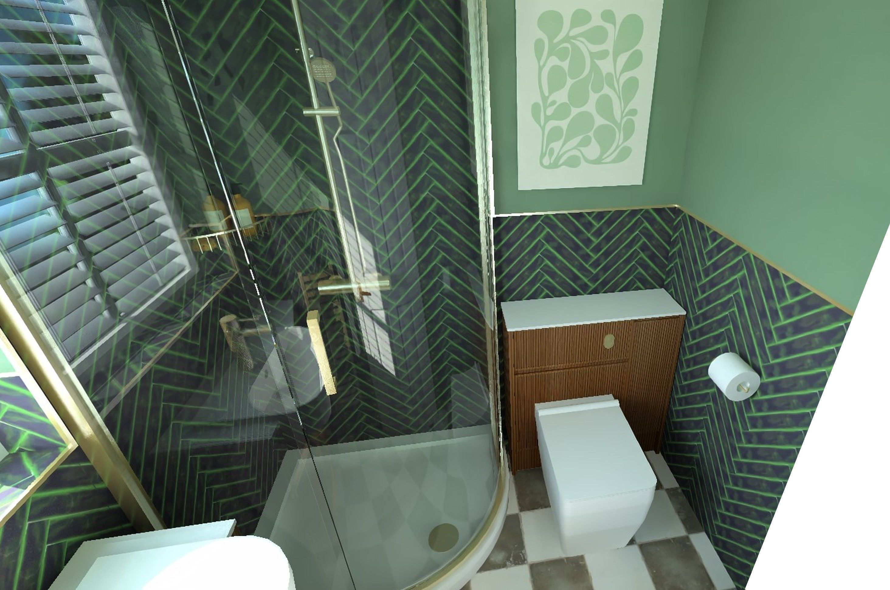 3D bathroom design showing a curved shower enclosure, white toilet, wood-effect WC unit and dark green herringbone tiles