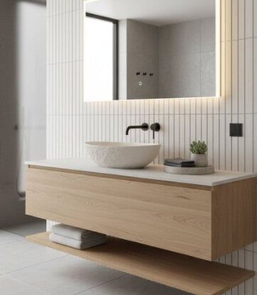 Light stone countertop basin paired with warm wood bathroom furniture in a contemporary bathroom setting.