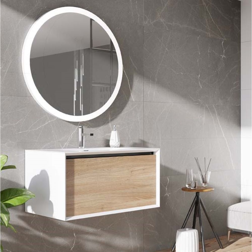 Lifestyle image of Snowdon White and Oak Wall Hung Vanity Unit with White Basin 750mm
