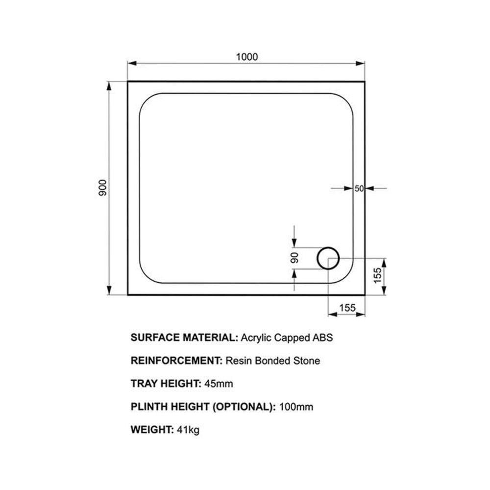 Kstone Rectangular Shower Tray 1000x900mm KS10090 Spec Drawing