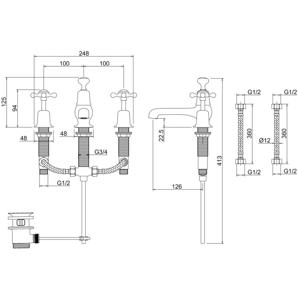 Burlington Claremont 3 Tap Hole Traditional Basin Tap with Pop-Up Waste Dimension Drawing