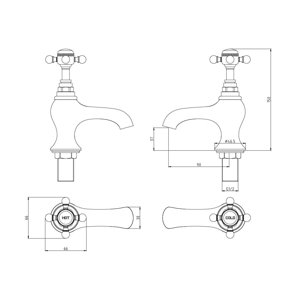 Grosvenor Chrome Basin Pillar Taps - dimensions