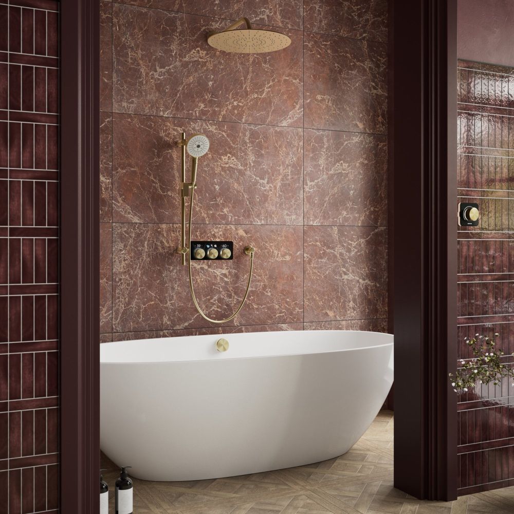Aqualisa S3 Brushed Gold Smart Digital Shower Triple Outlet (Slide Rail Kit with Fixed Wall Head) HP/Combi Displayed in a modern roomset with stone browntiles