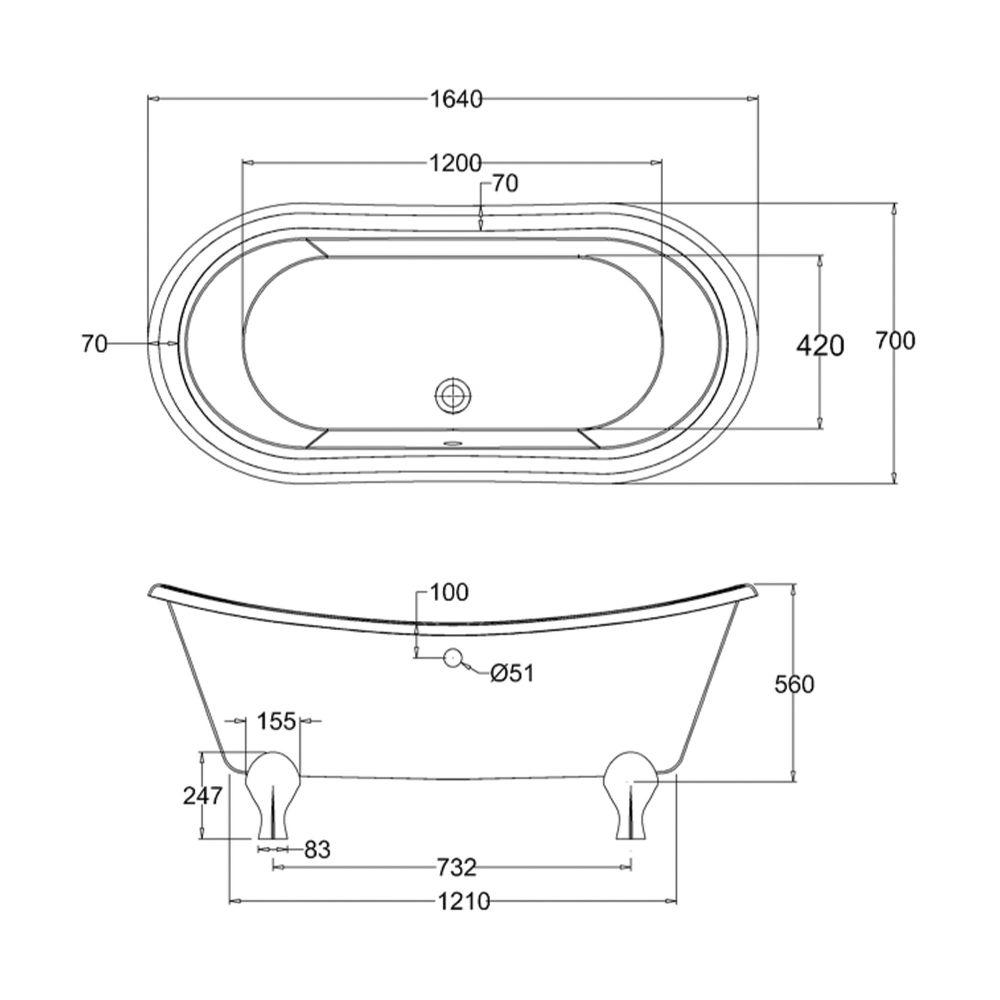 Technical drawing of a double ended bath with detailed dimensions