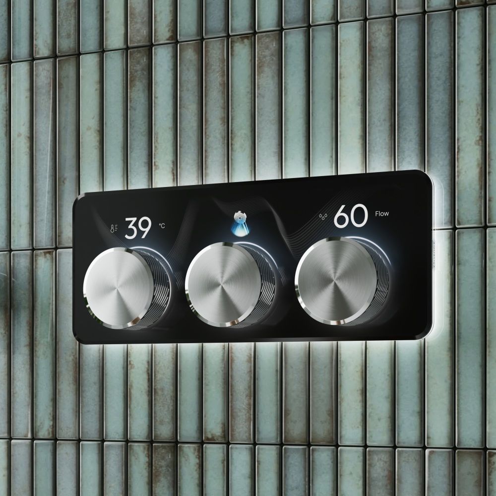 Aqualisa S3 chrome Horizontal Controls detailed view upon a teal tiled background