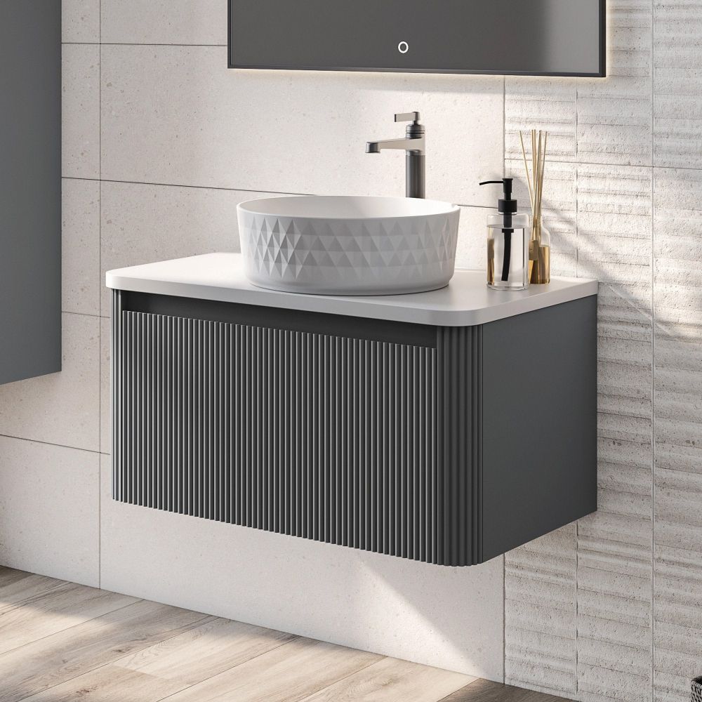 Wish Ribbed Wall Hung Vanity Unit in Charcoal with White Worktop