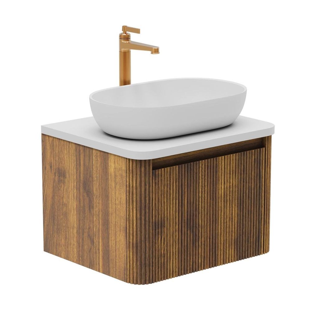 Wish Ribbed Wall Hung Vanity Unit in Walnut with White Worktop 600mm