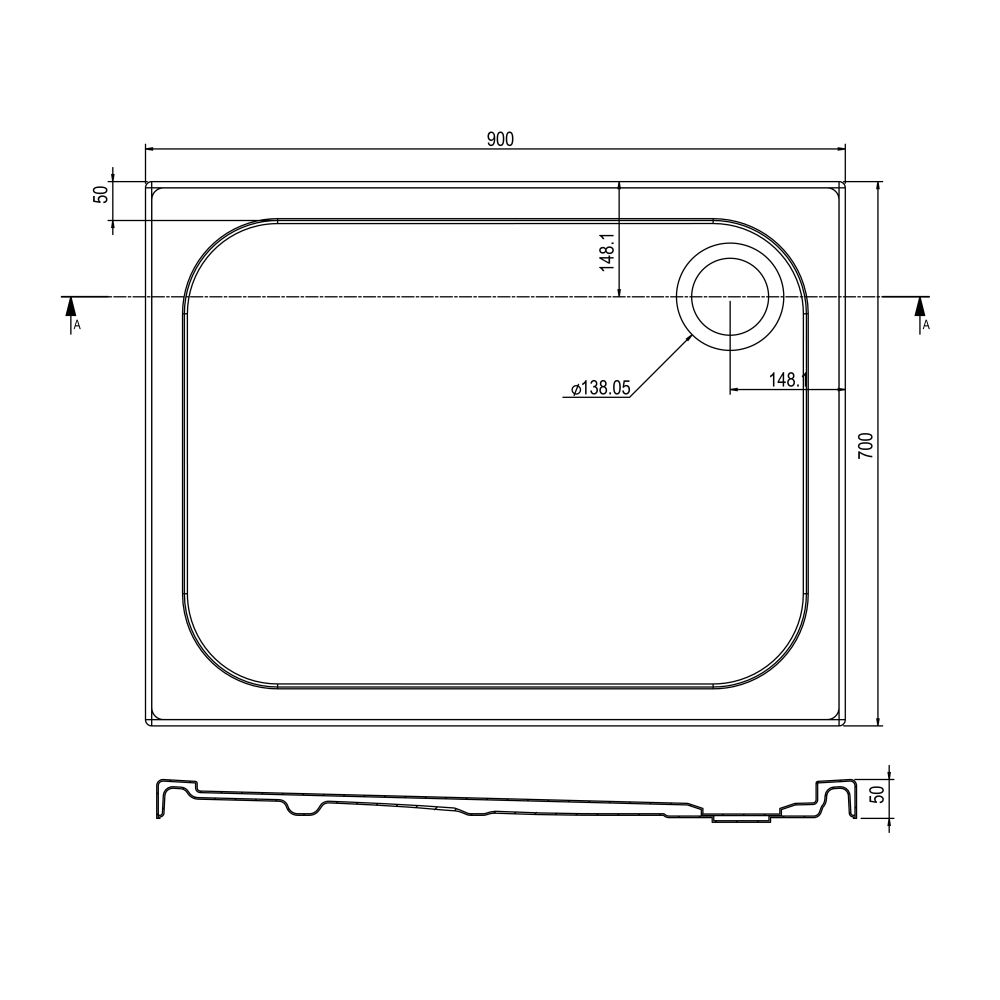 Low Profile Rectangle Shower Tray 900x700mm Spec Drawing