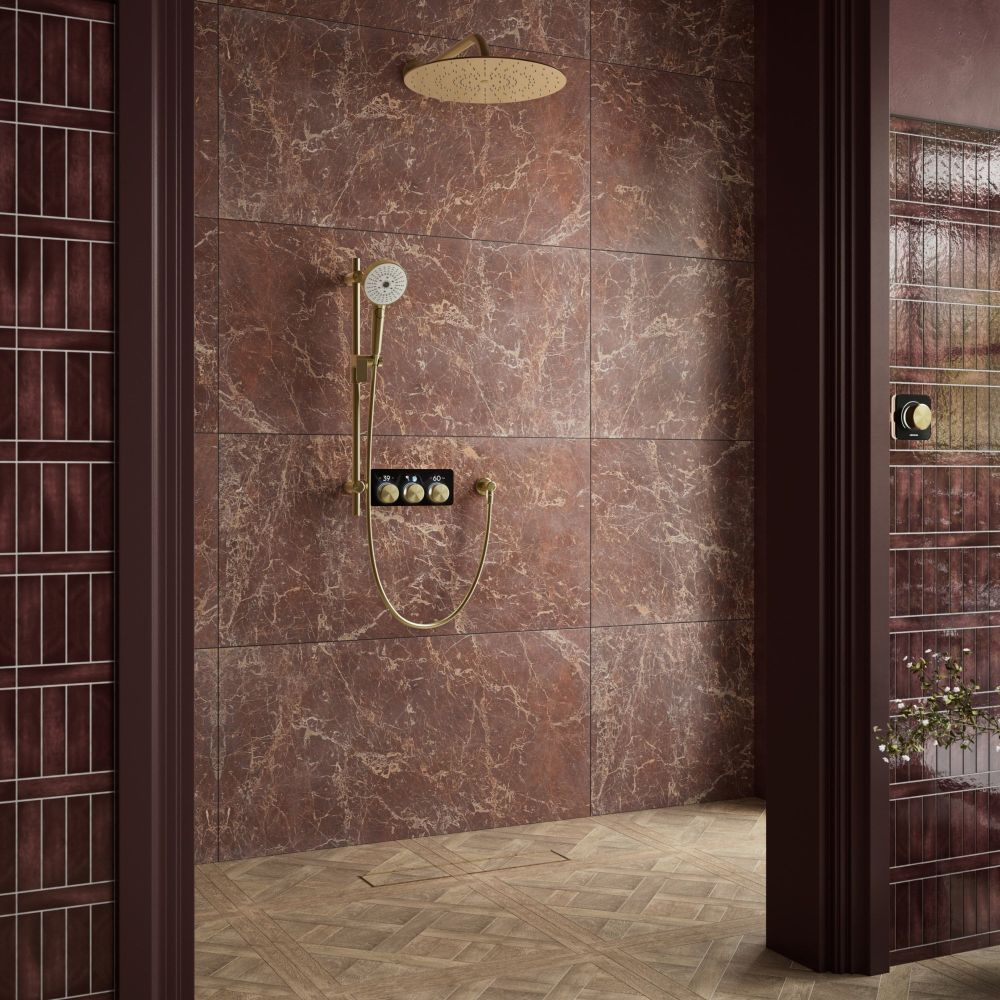 Aqualisa S3 Gold Digital Shower Dual Outlet (Slide Rail Kit with Fixed Wall Head) HP/Combi Displayed in a modern roomset with stone brown tiles