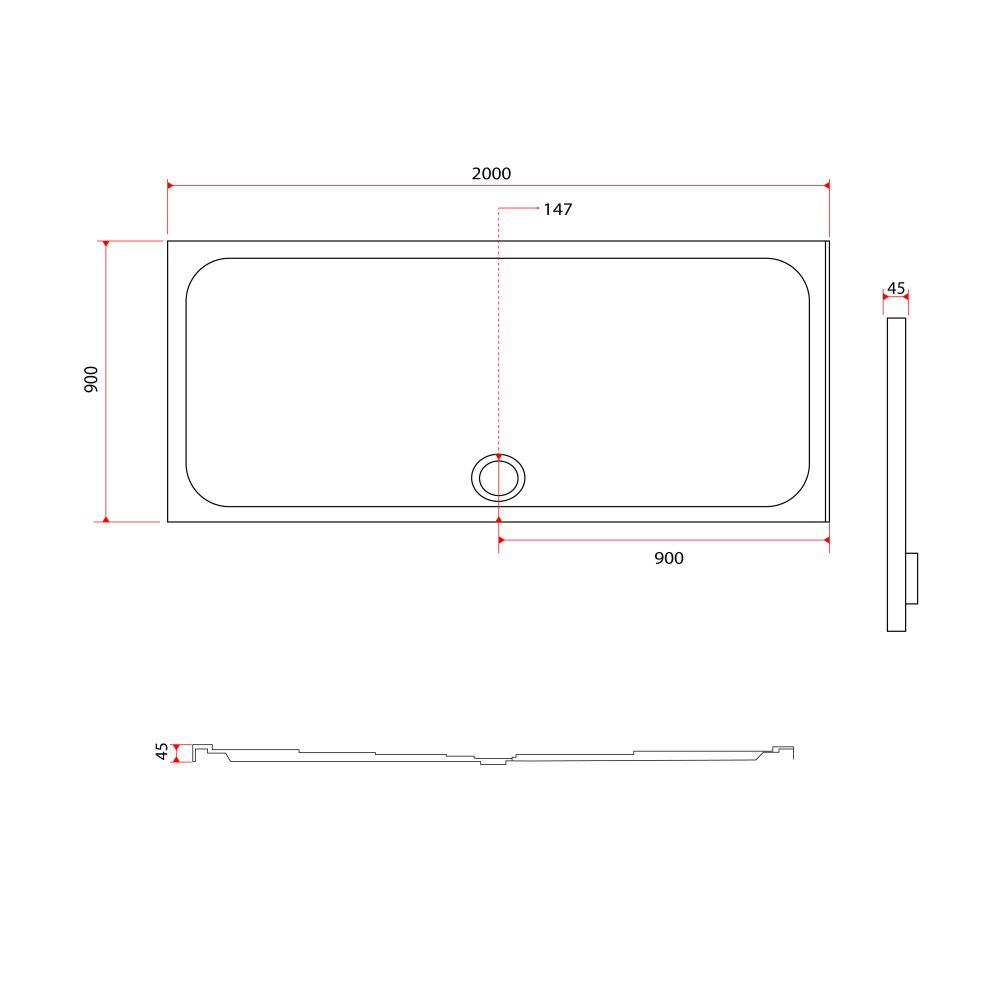Rectangle Low Profile Shower Tray 2000x900mm Spec Drawing