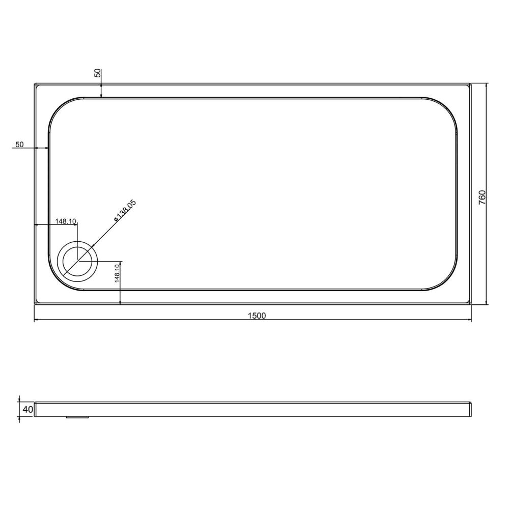 Low Profile Rectangle Shower Tray 1500x760mm Spec Drawing