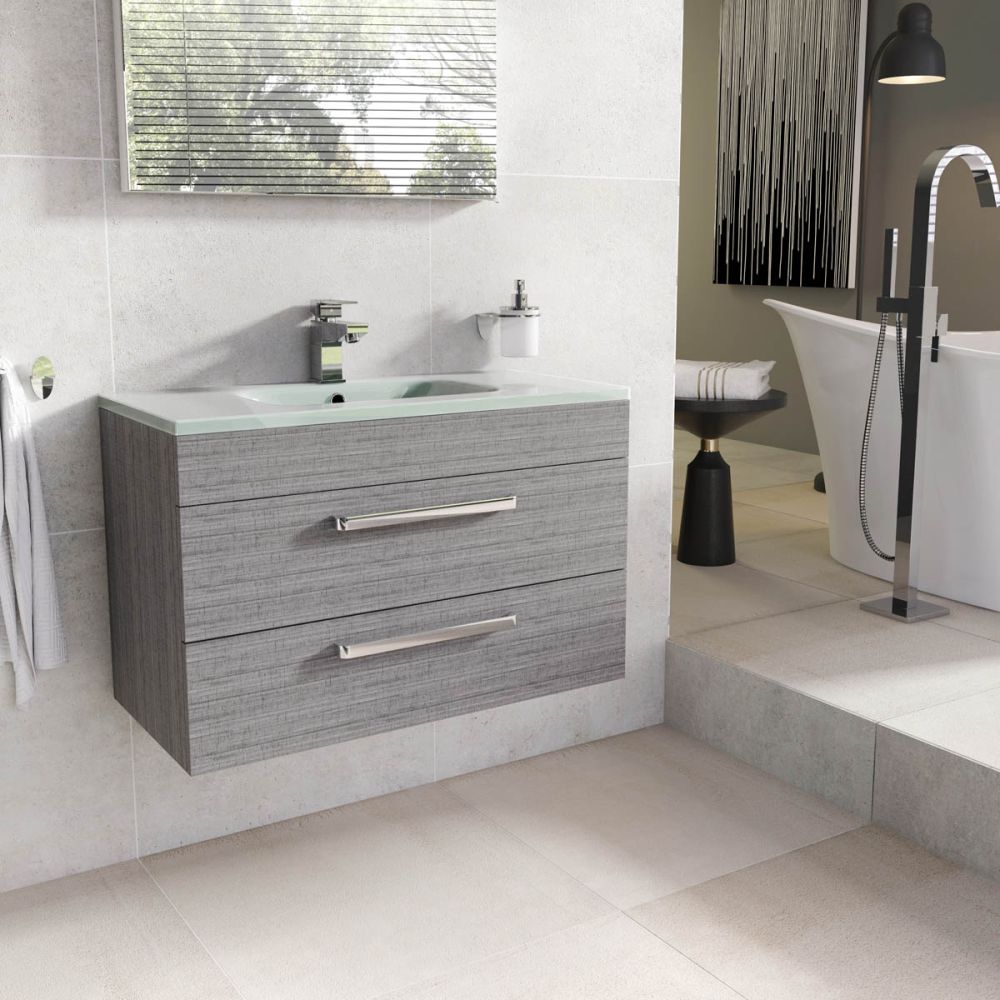 Nante Grey Ash Wall Hung Vanity Unit with Glass Basin 800mm