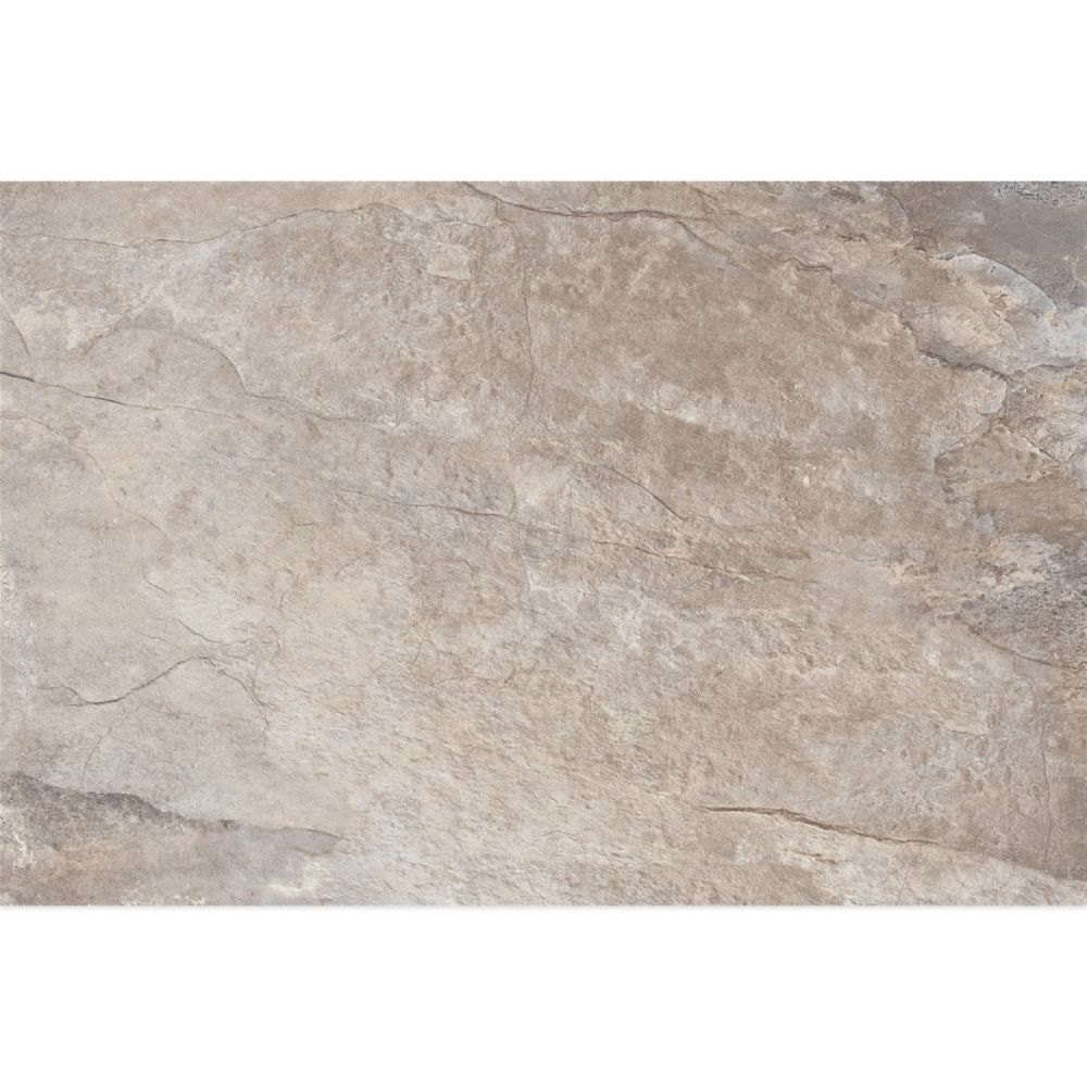 Flat front shot of a 400x600mm Arans Grey tile highlighting its soft matt finish and gentle grey stone patterning.