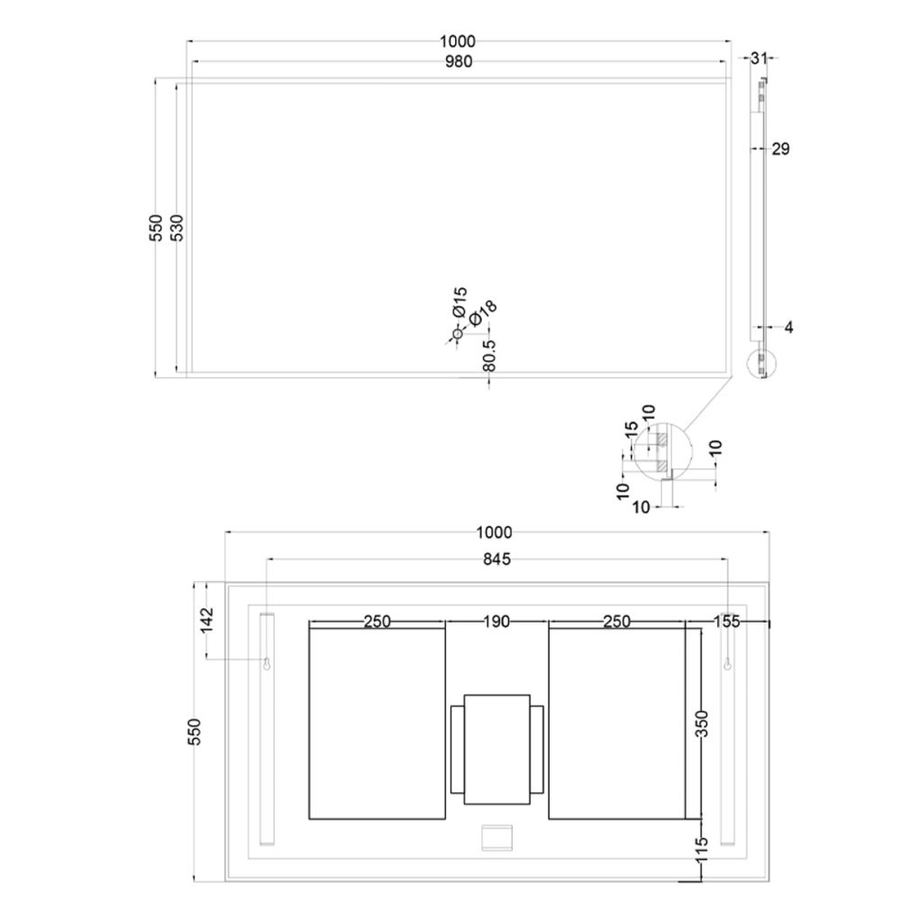 Rione Gold Rectangular Backlit LED Heated Mirror 1000x550mm Spec Drawing