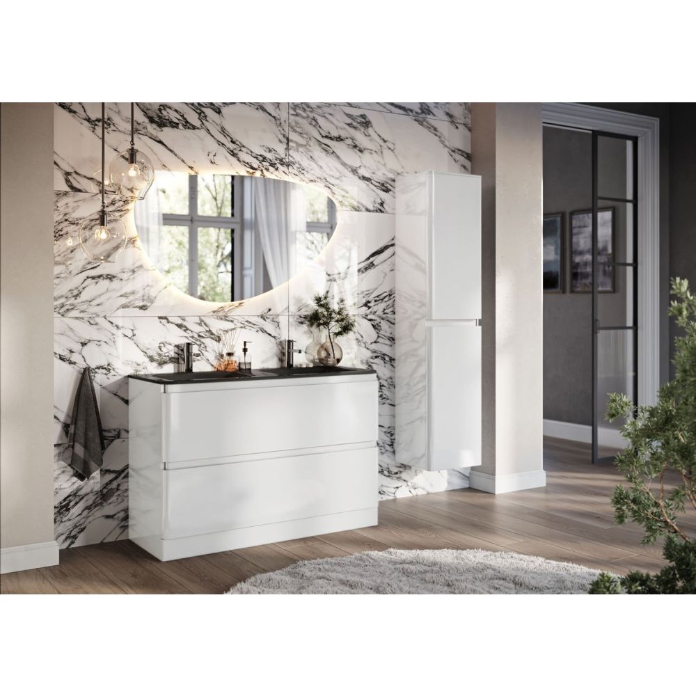 Neon Gloss White Floor Standing Vanity Unit with Grey Glass Basin 1200mm