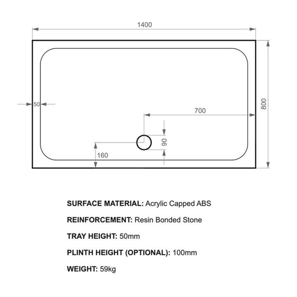Kstone Rectangular Shower Tray 1400x800mm KS14080 Spec Drawing