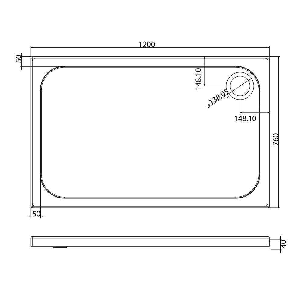 Low Profile Rectangle Shower Tray 1200x760mm Spec Drawing