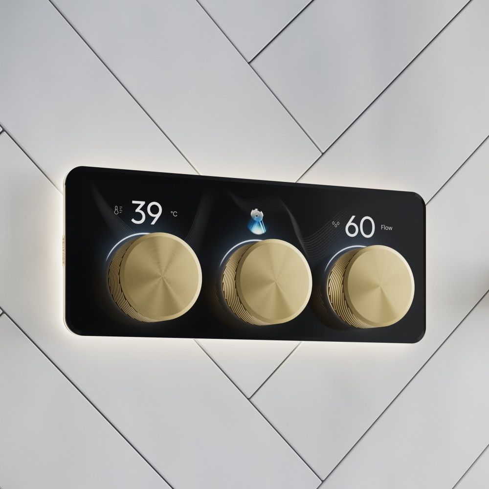 Aqualisa S3 Gold Horizontal Controls detailed view upon a white tiled background