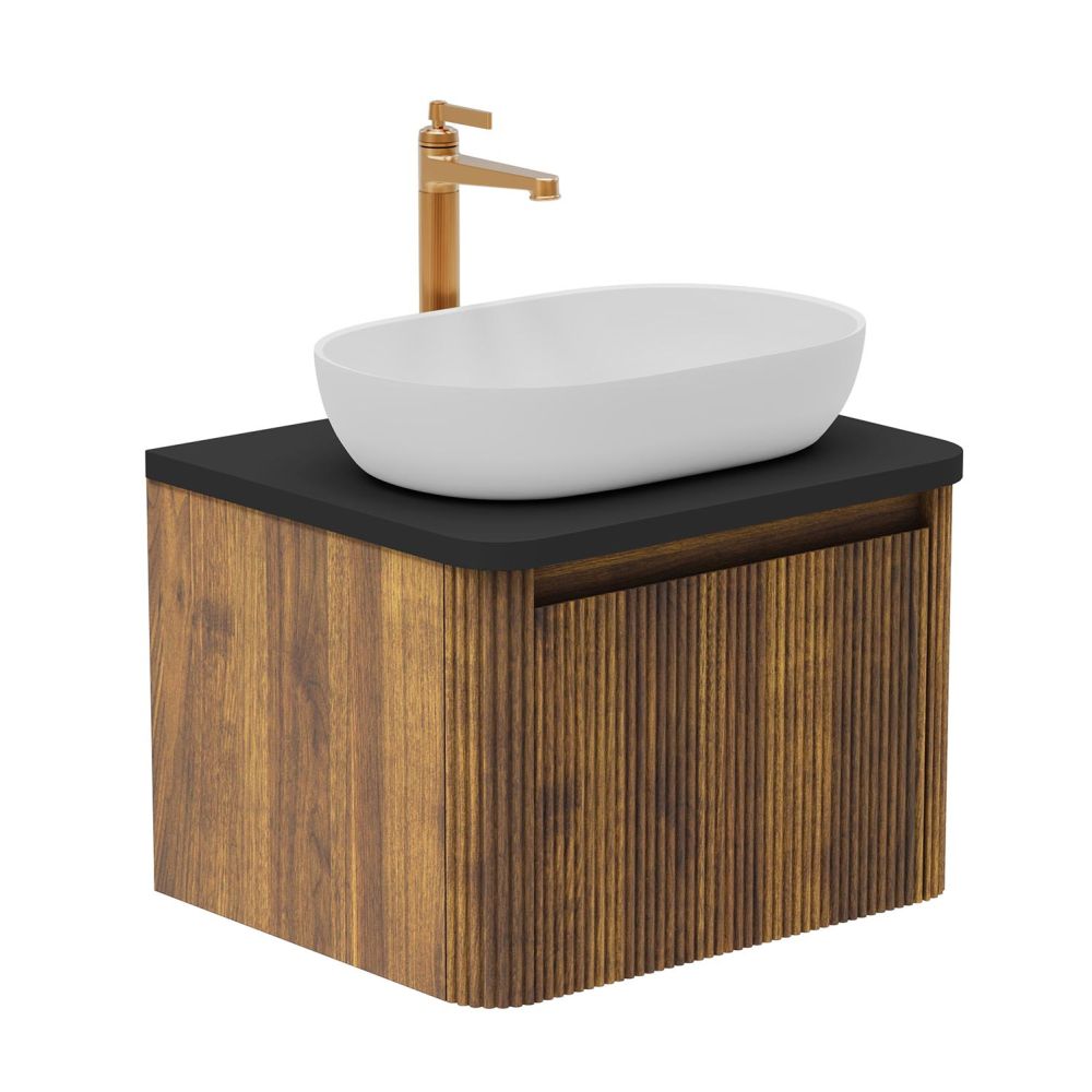 Wish Ribbed Wall Hung Vanity Unit in Walnut with Black Worktop 600mm