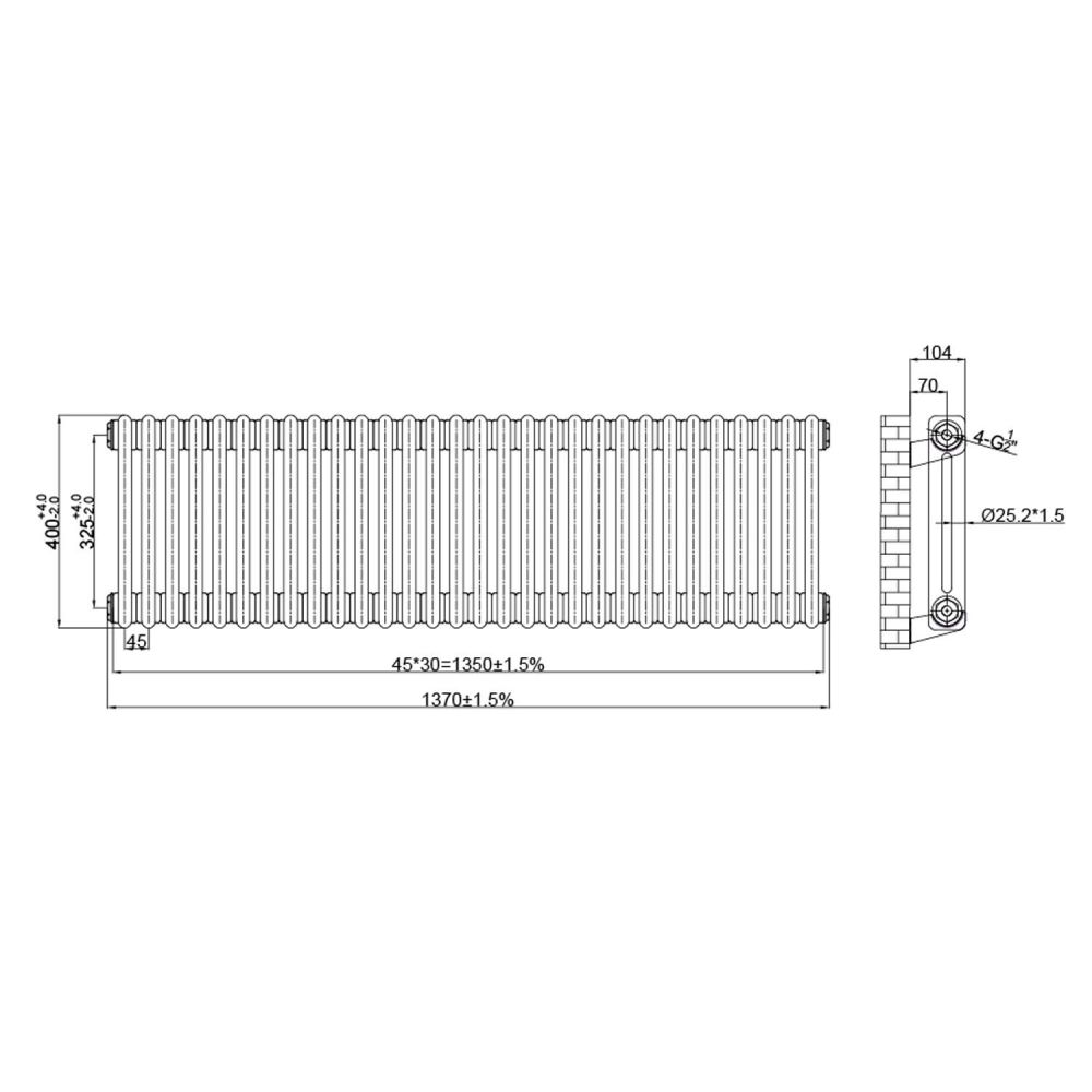 Clement Double Horizontal Column Radiator 400x1370mm Technical Drawing