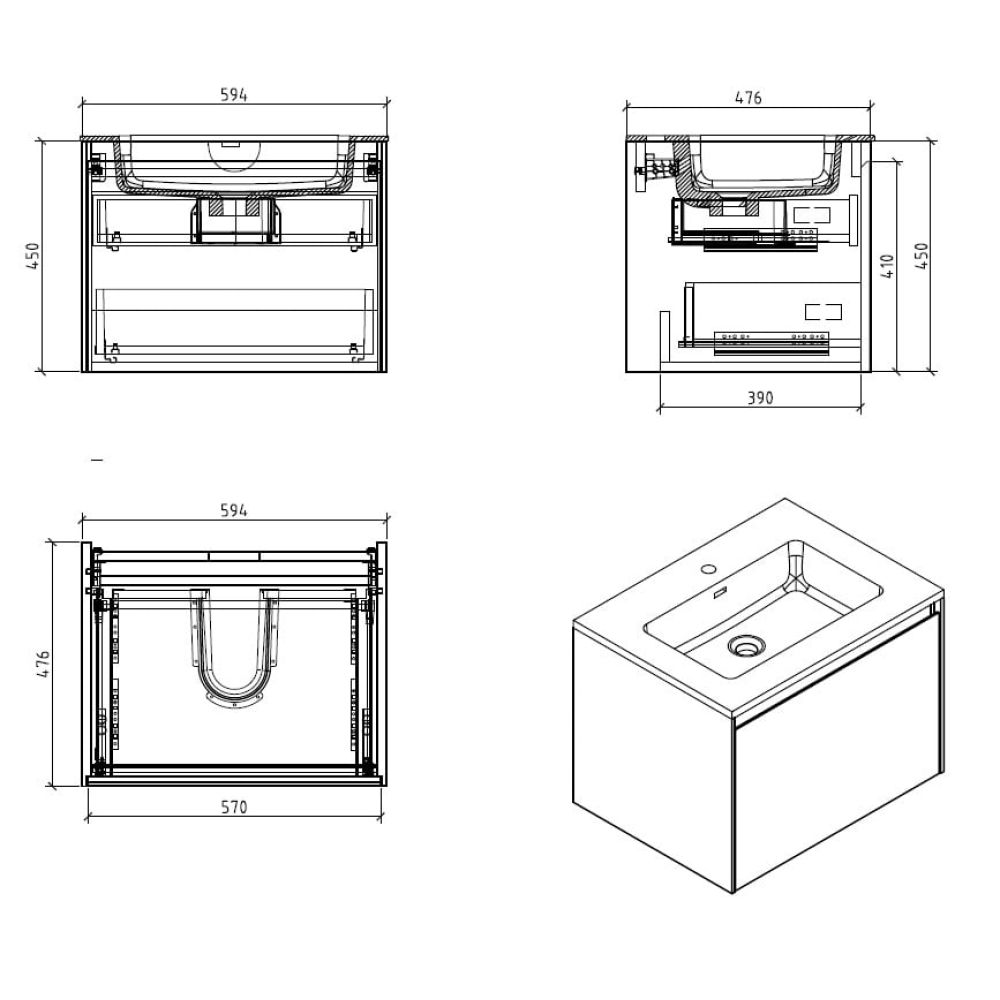 Odion Metallic Wall Hung Vanity Unit with Black Basin 600mm