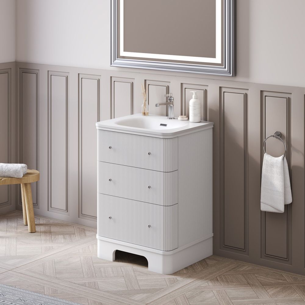 Traditional styled bathroom showcasing the Hayward White Ribbed Floor Standing Vanity Unit 600mm