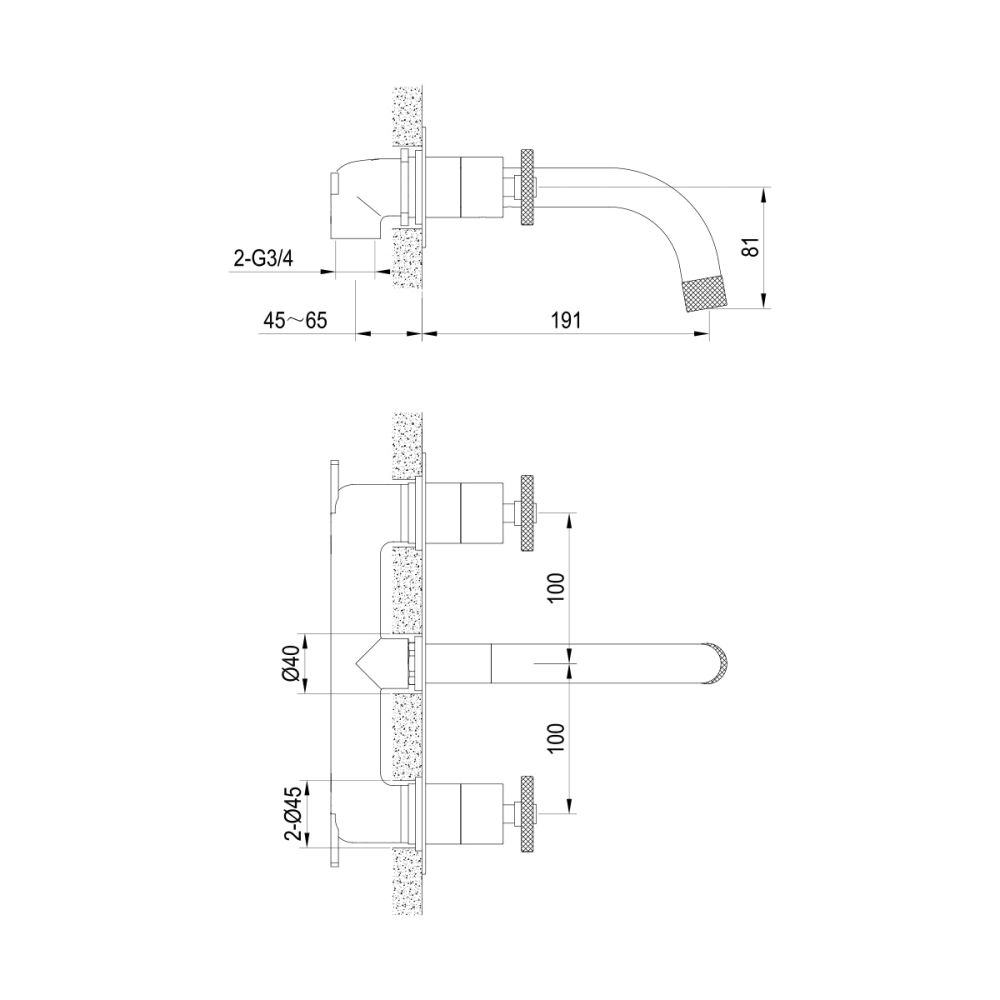 Urban Brushed Gold Wall Mounted Bath Tap - dimensions