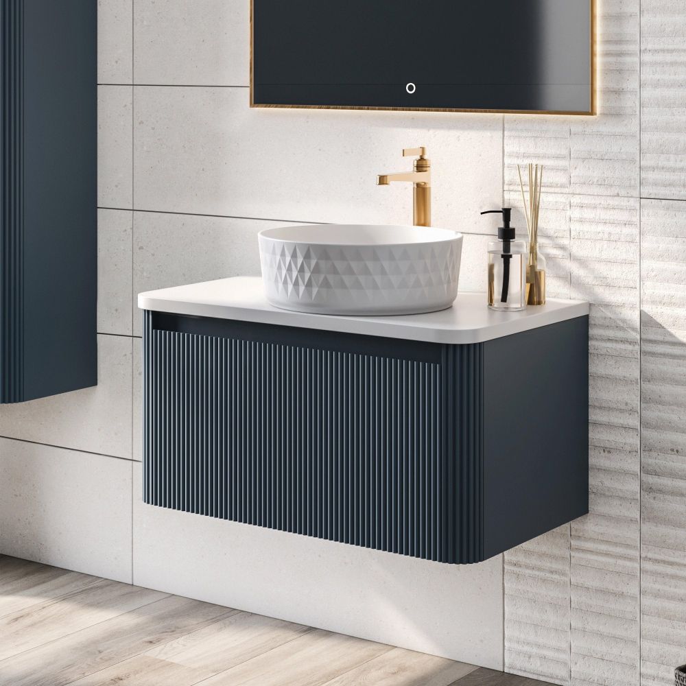 Wish Ribbed Wall Hung Vanity Unit in Blue with White Worktop